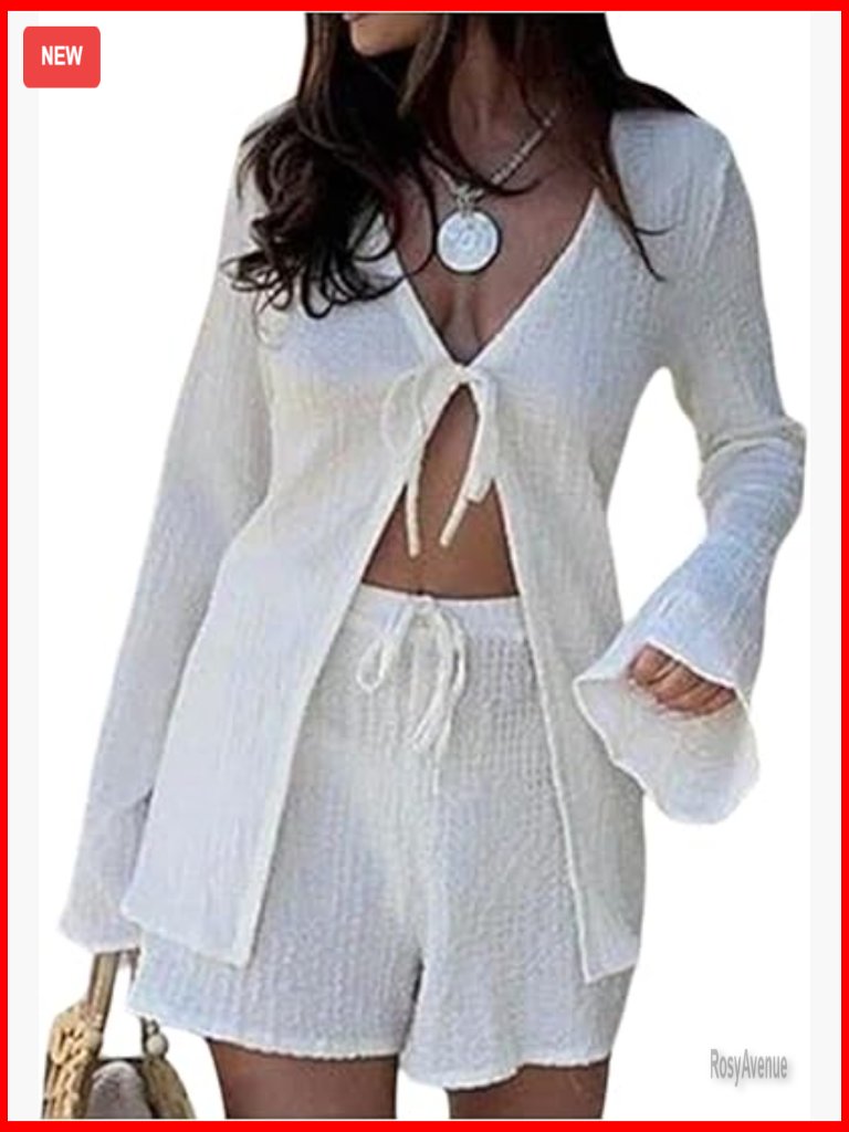 2 Piece Bell Sleeve Top & Shorts Set Vacation Outfit